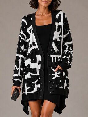 AMOUR Black & White Jacquard Cardigan with Button Studs size L
